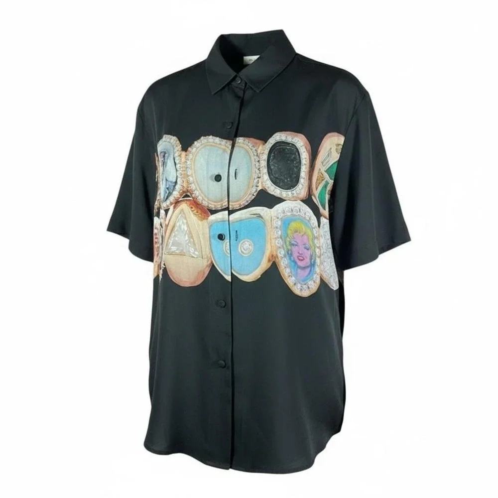 BLDG4 black silk button up‎ shirt with graphic print